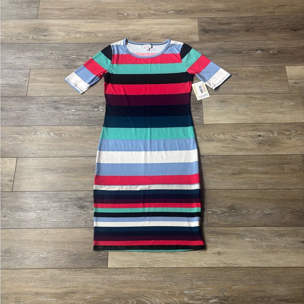 LuLaRoe Julia Dress Sz S Striped Sheath Fitted Preppy Nautical Work Office NWT